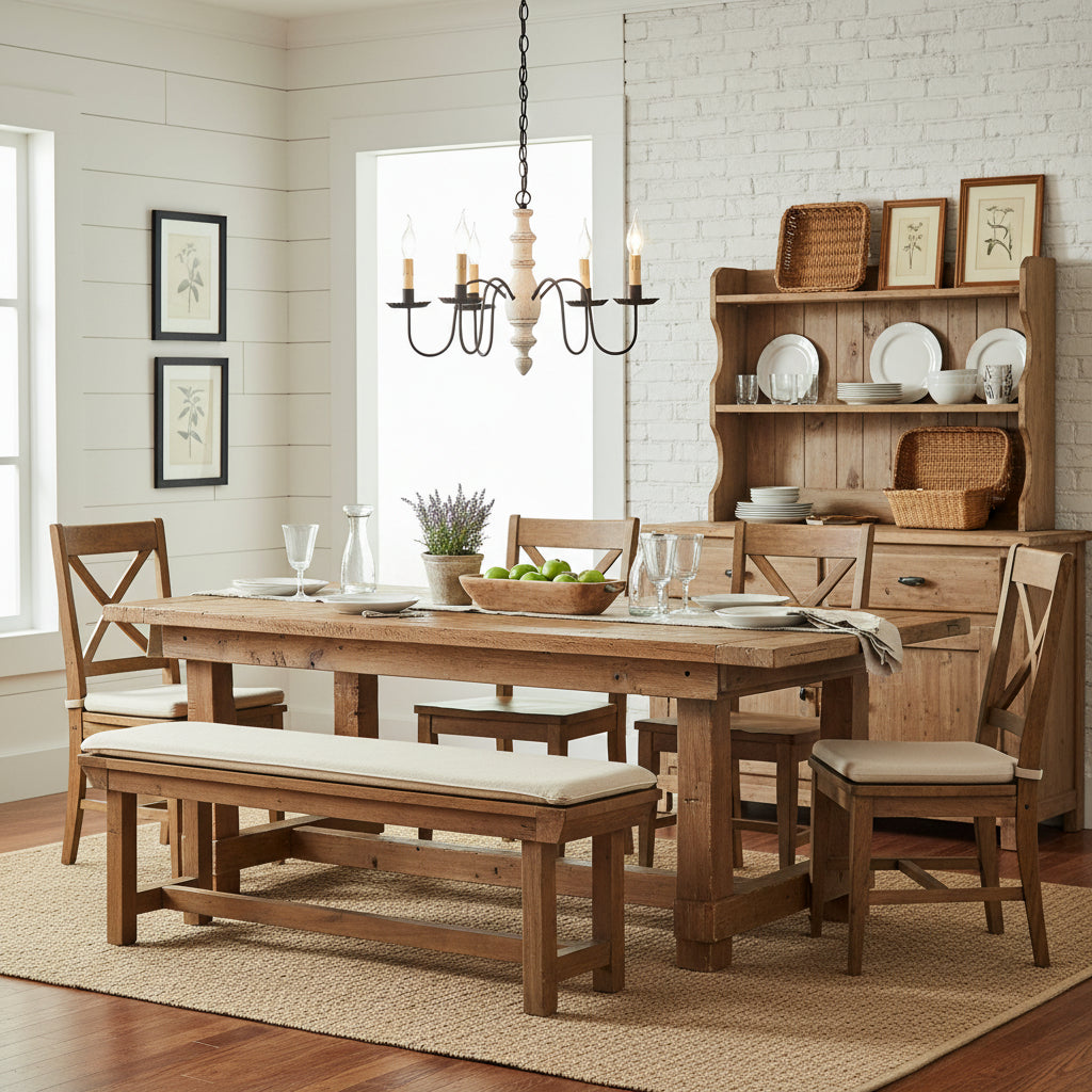 A midsized chandelier with a handspun body in a vintage white finish and black textured arms with E12/Candelabra sockets hanging over a dining room table.