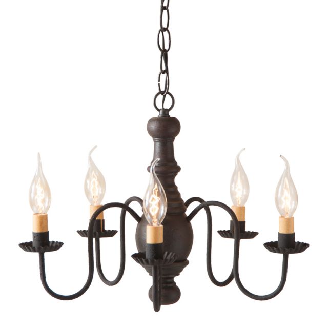 A black, wooden chandelier with five hanging lights and a textured finish, featuring crimped pans and a chain-driven mounting system.