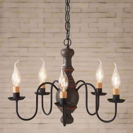 A Lancaster Wooden Chandelier with five lights in Americana Espresso color, featuring black textured arms with crimped pans and a chain-hung design.