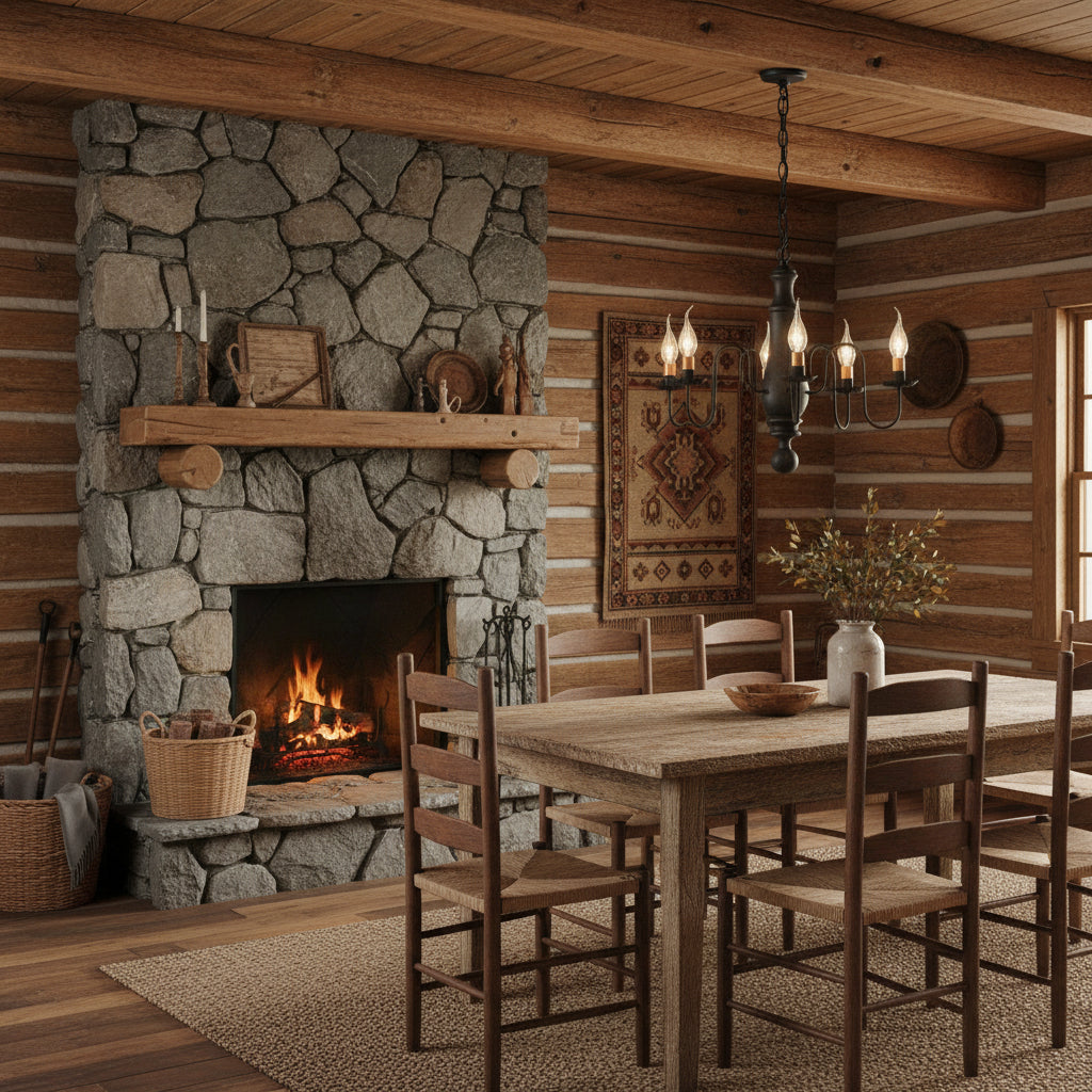 A black, wooden chandelier with a rustic finish, featuring textured arms and crimped pans, with five hanging lights in a primitive home over table.