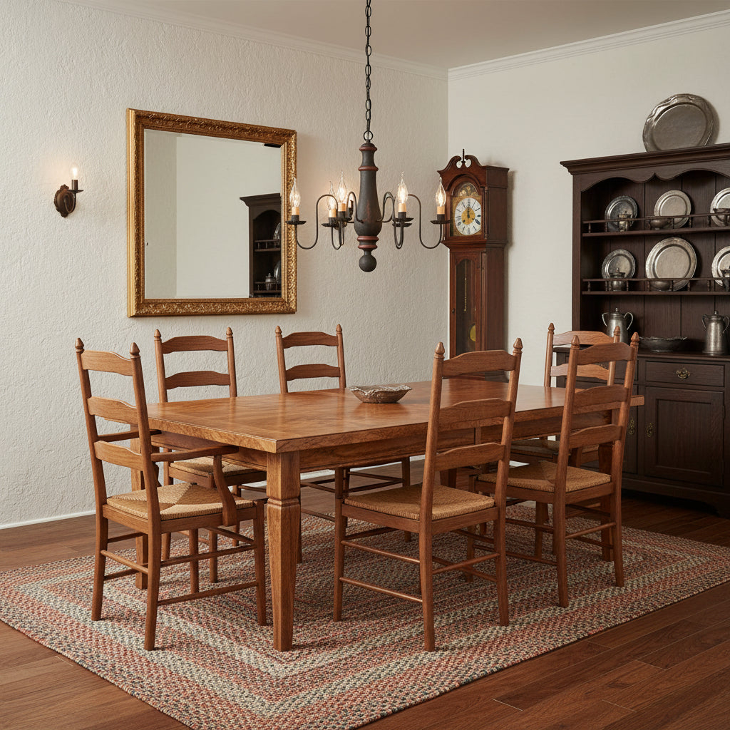 A black wooden chandelier with red stripes, featuring textured arms and crimped pans, with five hanging lights hanging over table in dining room.