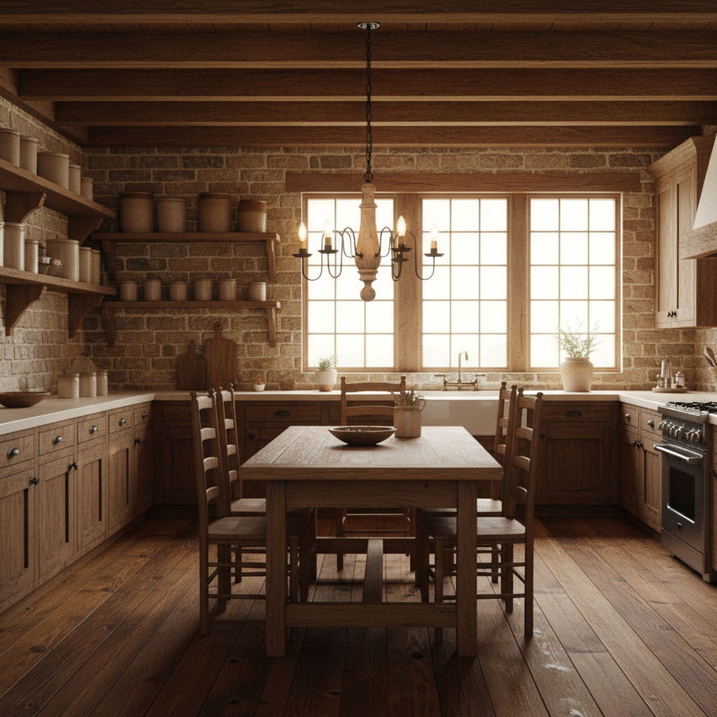 Cozy kitchen with wooden table and chairs, brick walls, and large windows.