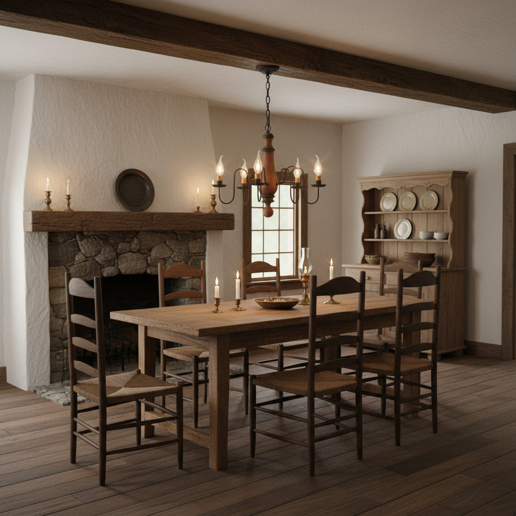 A medium-sized Norfolk wooden chandelier with a Hartford pumpkin design, featuring black textured arms and crimped pans, with E12/Candelabra sockets hanging over primitive table in dining room.