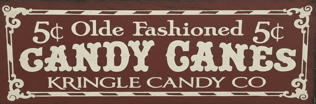 Vintage-style sign advertising '5¢ Olde Fashioned 5¢ GANDY CANES' from Kringle Candy Co.
