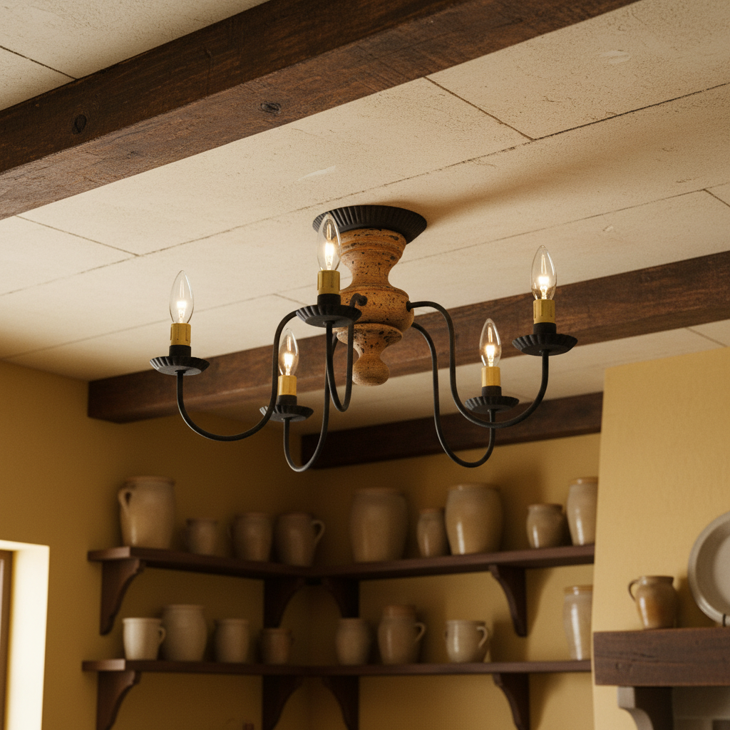 Vintage-style chandelier hanging in a room with wooden shelves and rustic decor.