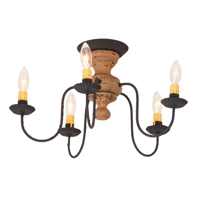 A semi-flush mount wood ceiling light with five arms and incandescent bulbs, featuring a distressed black finish over a red painted center.