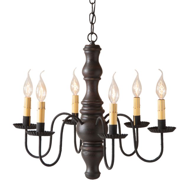 A sophisticated, textured black over red finished Gettysburg wooden chandelier with six E12/Candelabra sockets, featuring handcrafted details such as crimped pans and textured arms, suspended from a chain.