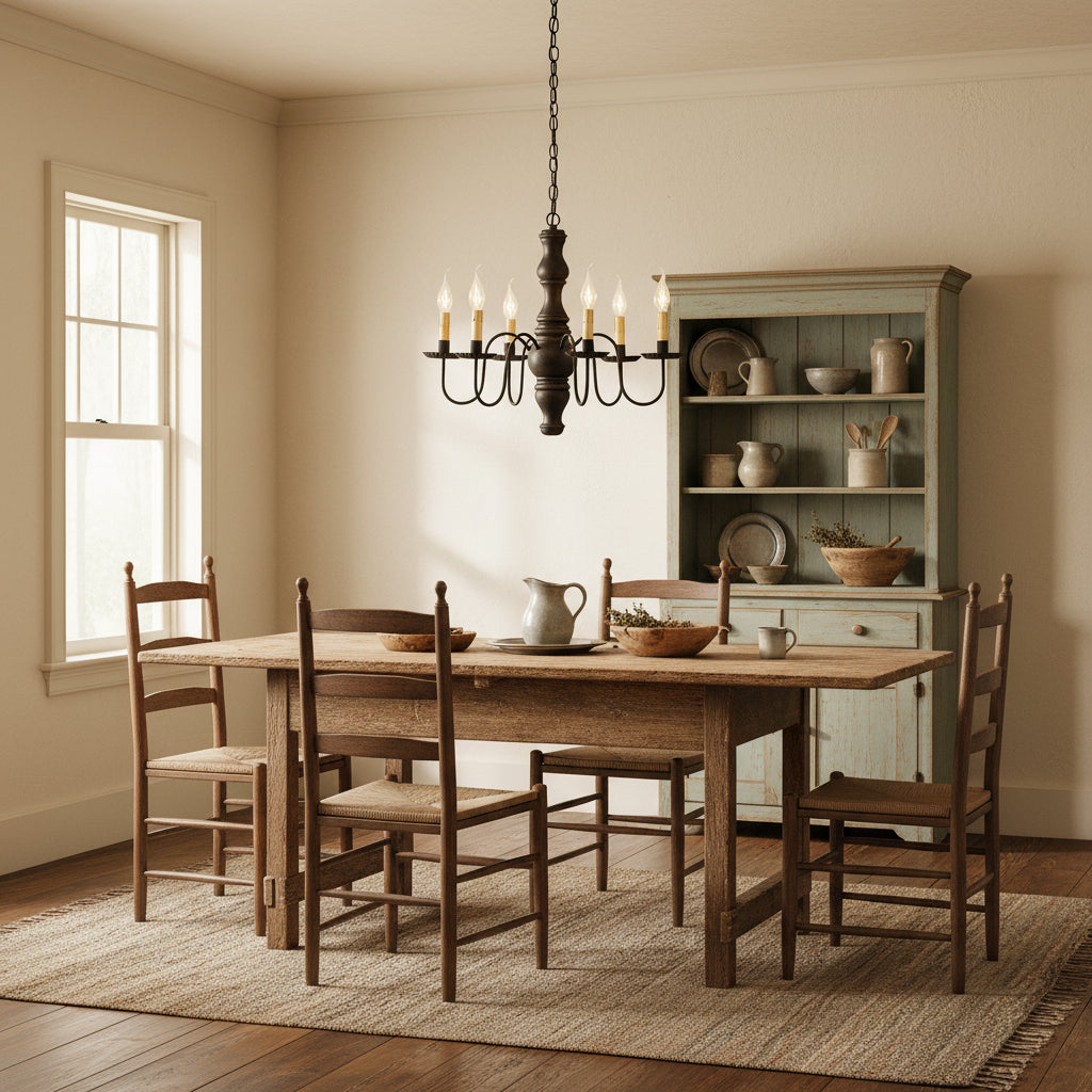 A sophisticated, textured black over red finished Gettysburg wooden chandelier with six E12/Candelabra sockets, featuring handcrafted details such as crimped pans and textured arms, suspended from a chain hanging over table in primitive home setting.