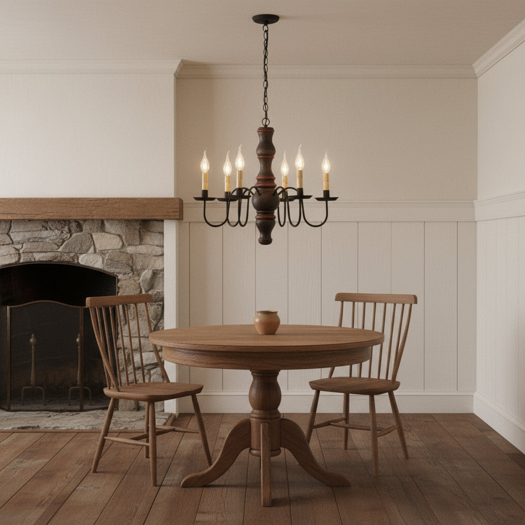 A Gettysburg wooden chandelier with a textured black finish over a red stripe, featuring six E12/Candelabra sockets, black textured arms, and a ceiling plate hanging over small round table.