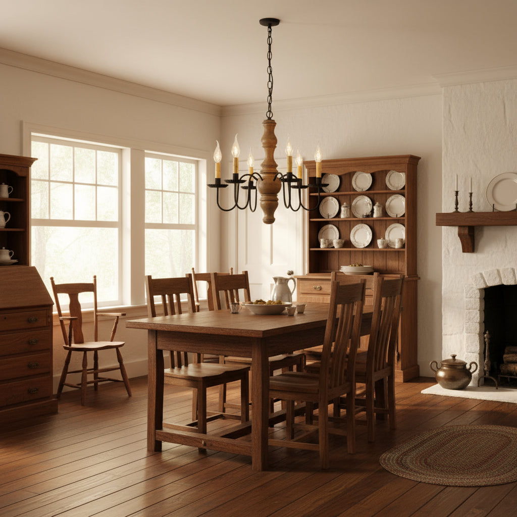 A Gettysburg wooden chandelier with a pearwood finish, black textured arms, and six candle-style lights hanging in a primitive home over table.