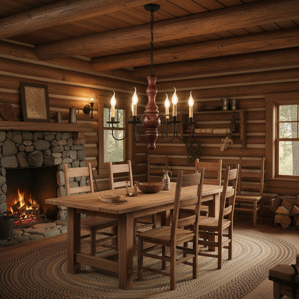 A Gettysburg wooden chandelier with a textured Plantation Red finish, black arms, and crimped pans. It features six E12/Candelabra sockets and is hung from a chain hanging in a log cabin home.