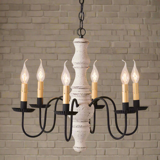 A Gettysburg wooden chandelier with a vintage white finish and black textured arms, featuring six E12/Candelabra sockets.