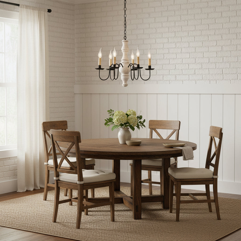 A Gettysburg wooden chandelier with a vintage white finish and black textured arms, featuring six E12/Candelabra sockets hanging over round table.