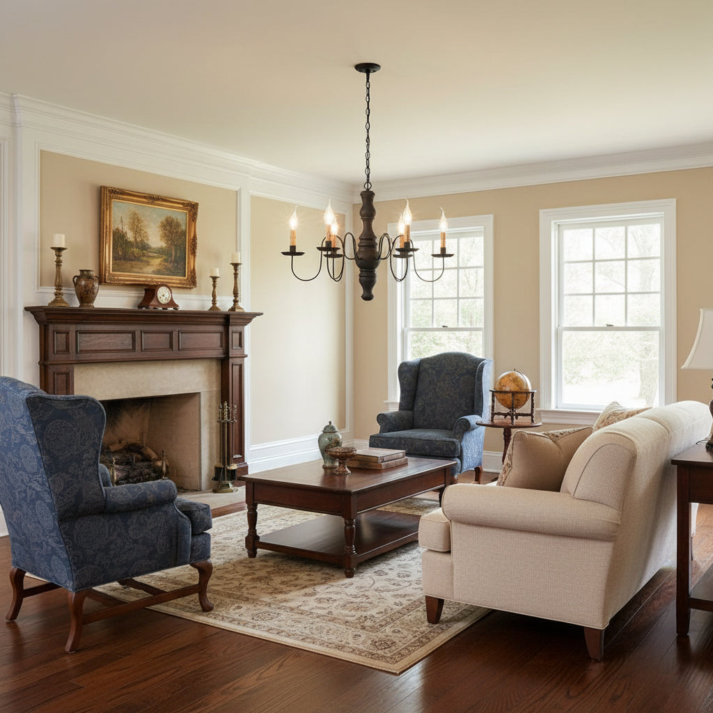 A wooden chandelier with a black textured finish and crimped pans, featuring six hanging lights in colonial living room.