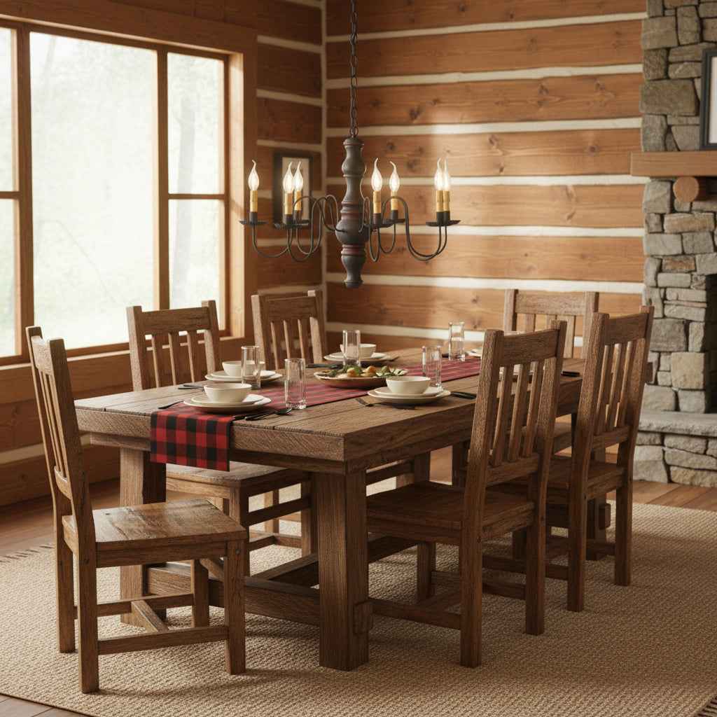 Six arm primitive chandelier with six candelabra sockets in a black with red stripe paint finish hanging in log cabin home over table.