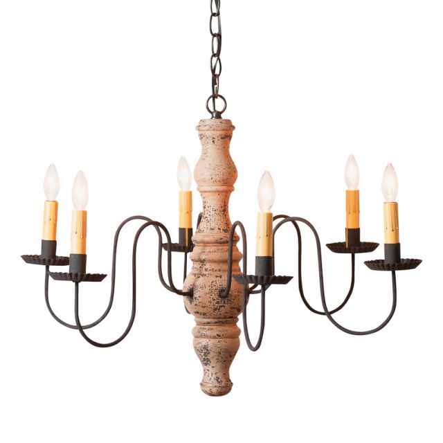 A Gettysburg wooden chandelier with a Hartford buttermilk finish, featuring a textured painted design, black distressed arms, and hanging from a chain.