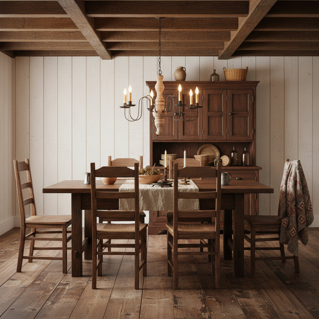 A Gettysburg wooden chandelier with a Hartford buttermilk finish, featuring a textured painted design, black distressed arms, and hanging from a chain in a colonial home over table.