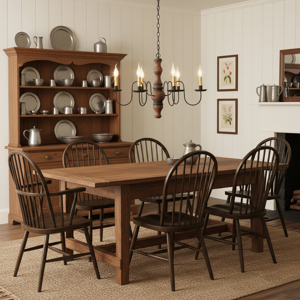 A Gettysburg wooden chandelier with a Hartford pumpkin and black stripe paint finish, featuring black textured arms and crimped pans, with E12/Candelabra sockets hanging in a colonial dining room.