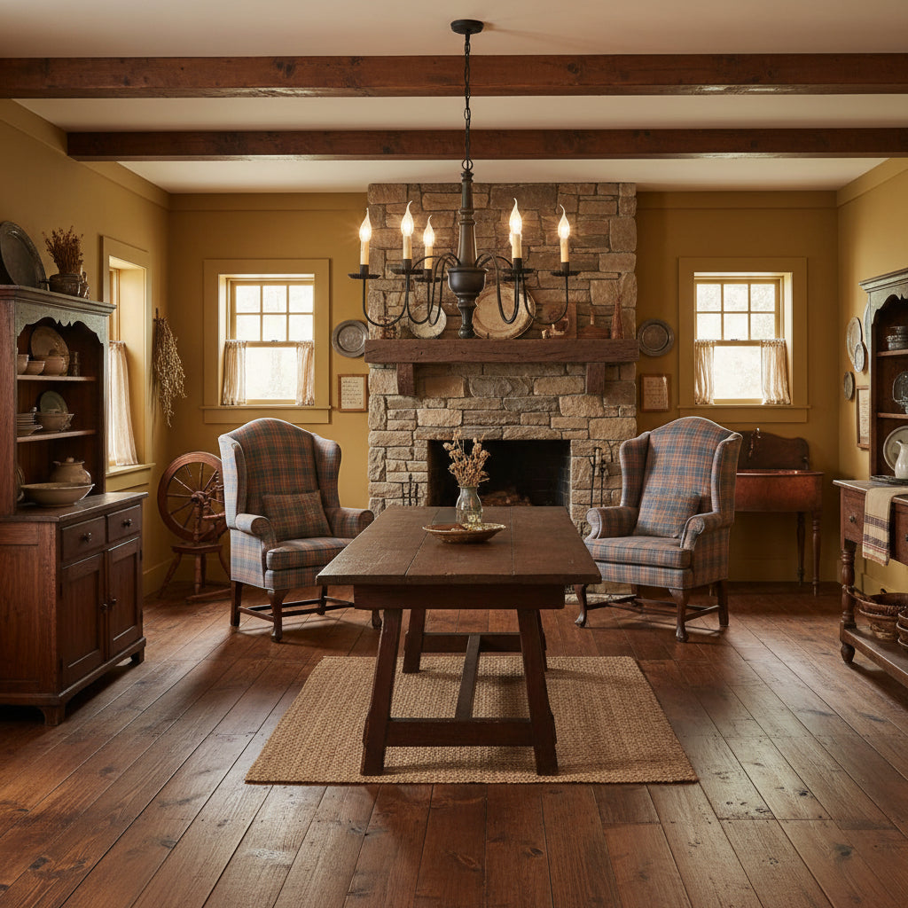 A textured black chandelier with crimped pans on the arms, featuring a red finish in colonial dining room with fireplace.