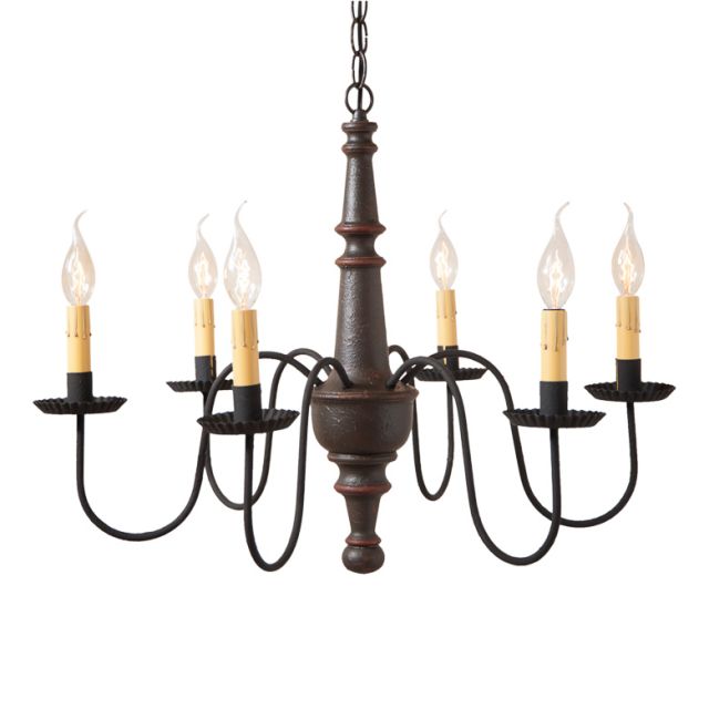 A ceiling-mounted chandelier with textured espresso finish and black arms with crimped pans, featuring a series of candle-like lights.