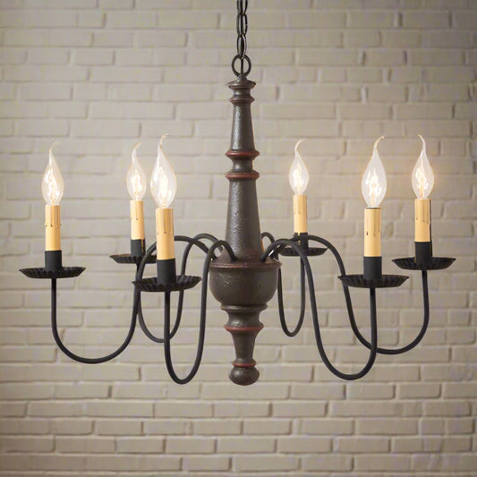 A ceiling-mounted chandelier with textured espresso finish and black arms with crimped pans, featuring a series of candle-like lights.