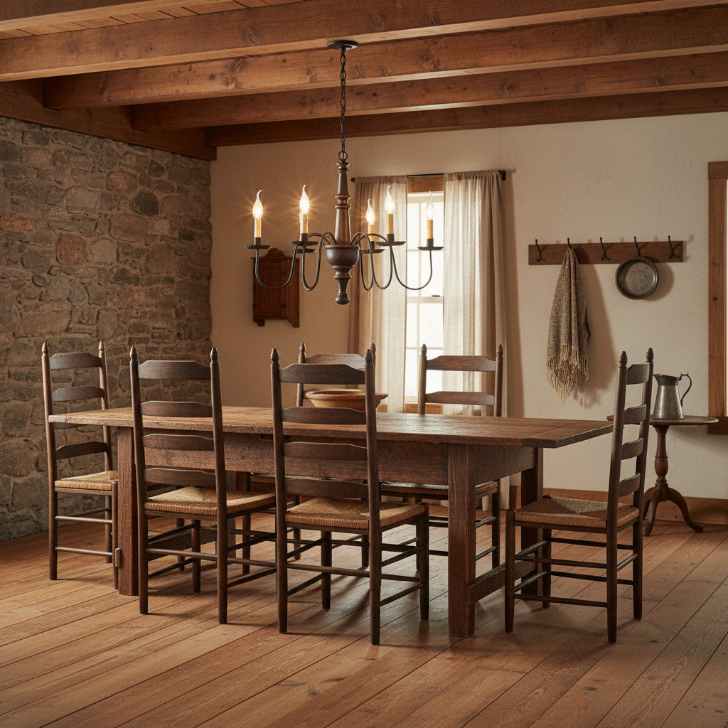 A ceiling-mounted chandelier with textured espresso finish and black arms with crimped pans, featuring a series of candle-like lights hanging in colonial dining room over table.