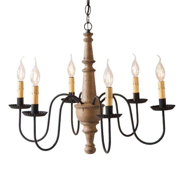 A ceiling-mounted chandelier with textured pearwood finish and black arms with crimped pans, featuring a series of lights.