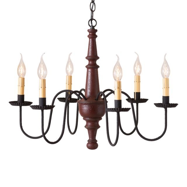 A textured Plantation Red finish chandelier with black arms and crimped pans, featuring a ceiling mount design.