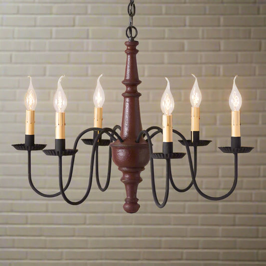 A textured Plantation Red finish chandelier with black arms and crimped pans, featuring a ceiling mount design.