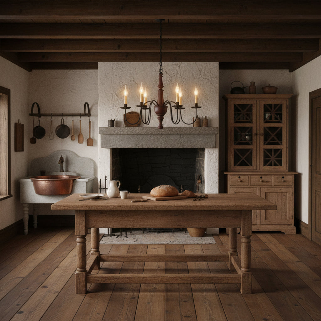 A textured Plantation Red finish chandelier with black arms and crimped pans hanging over table in primitive dining room.