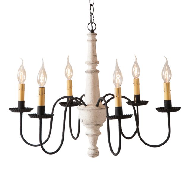 A vintage-style chandelier with a textured white finish and black arms featuring crimped pans. It has six E12/Candelabra sockets and is hung from a chain.