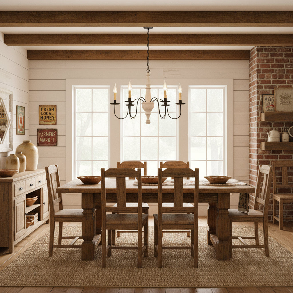 A vintage-style chandelier with a textured white finish and black arms featuring crimped pans hanging over table.