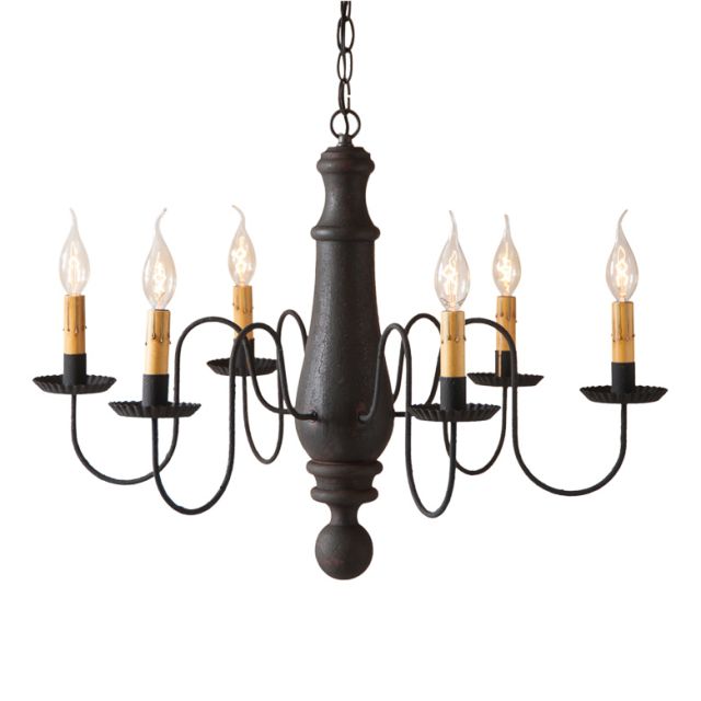 Antique-style wooden chandelier with black textured arms and red accents, featuring multiple candle-like lights.