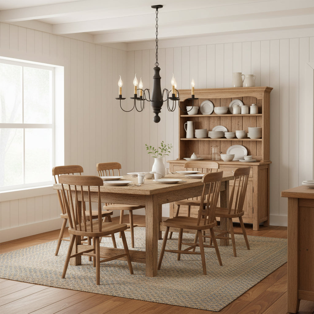 Antique-style wooden chandelier with black textured arms and red accents, featuring multiple candle-like lights hanging over a table.