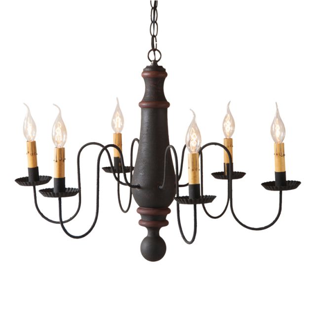 A textured black wooden chandelier with red stripes, featuring a series of lights and a central decorative element, designed for hanging in a kitchen or dining area.