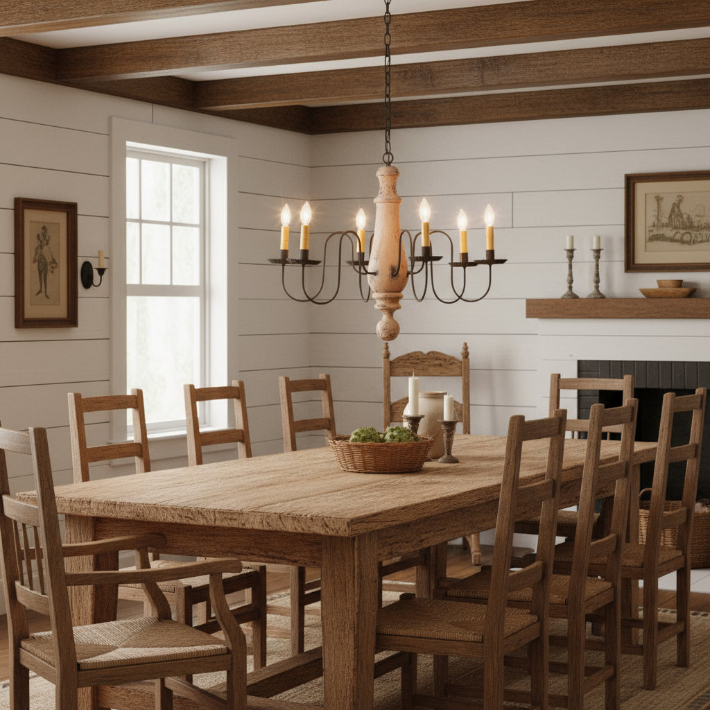 A Large Norfolk wooden chandelier with a Hartford buttermilk finish, featuring a textured, antique look with black arms hanging over a primitive dining table.