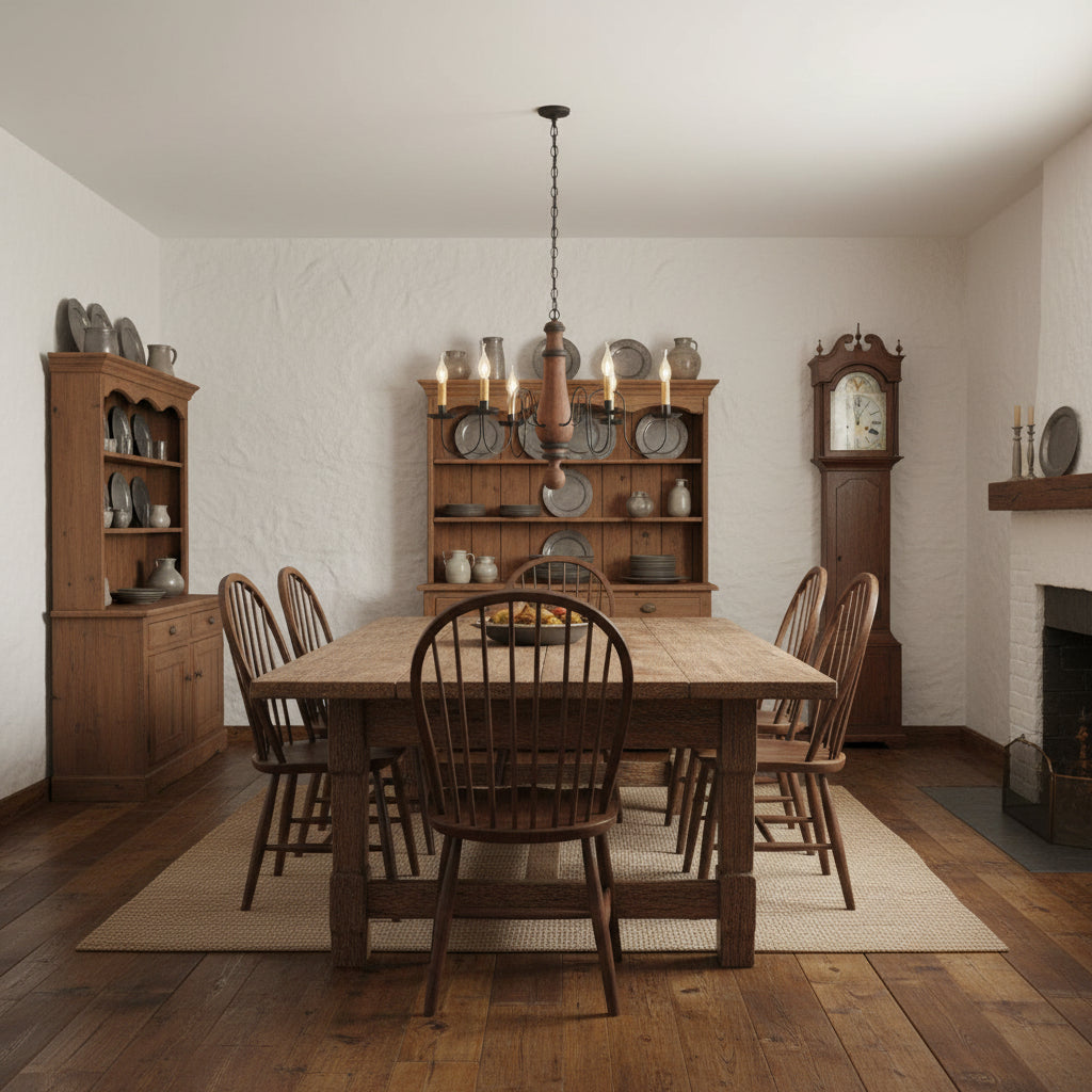 Antique-style wooden chandelier with a pumpkin-shaped body and black textured arms, featuring E12/Candelabra sockets hanging over table in a colonial home.