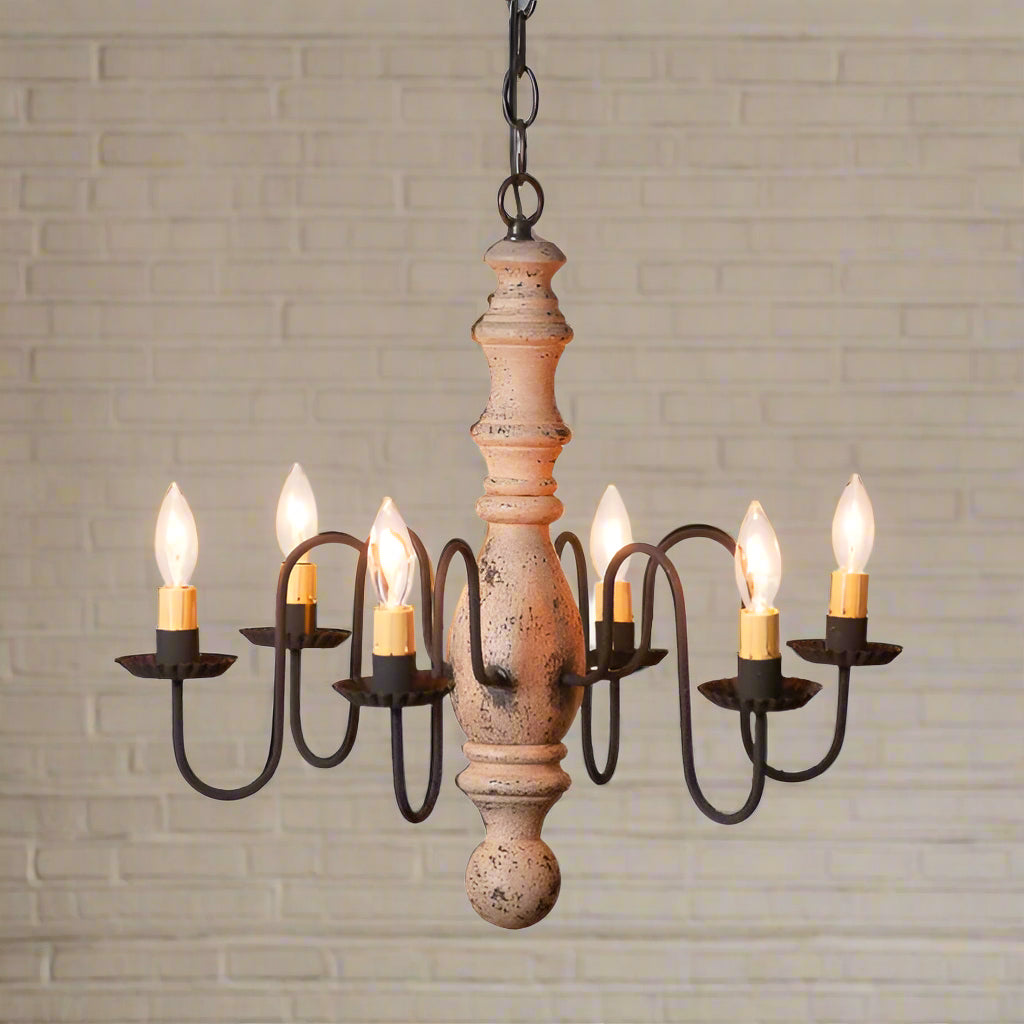 Manassas Wooden Chandelier in Hartford Buttermilk featuring six candelabra sockets on white background.
