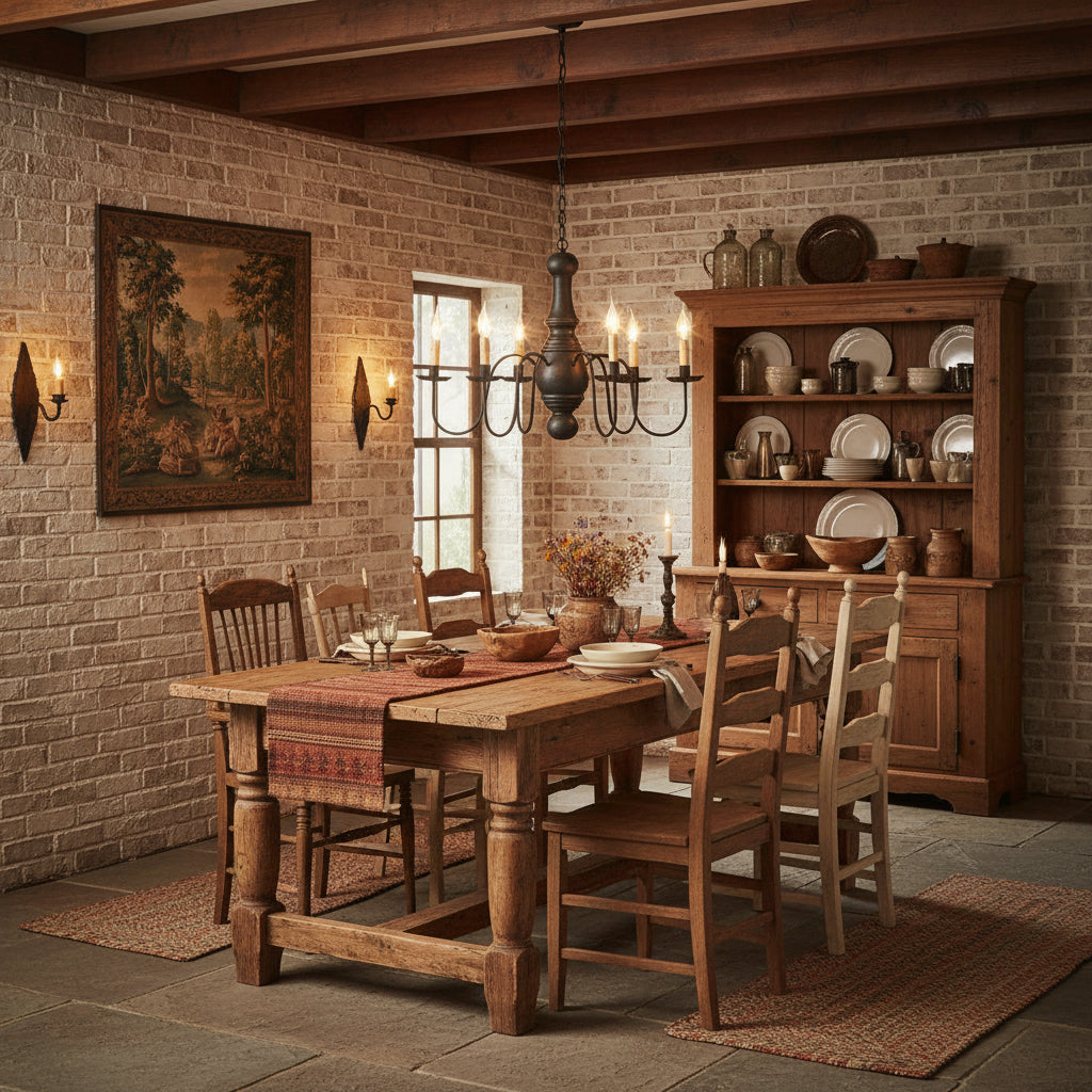 A black, textured chandelier featuring a ceiling plate and six E12/Candelabra sockets hanging over a primitive dining table.