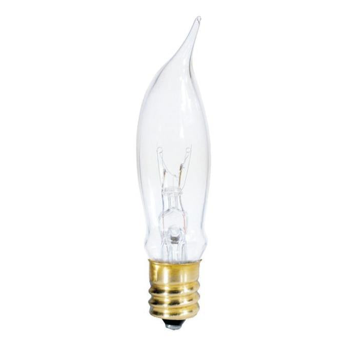 A clear incandescent light bulb with a flame tip and a gold-colored base.