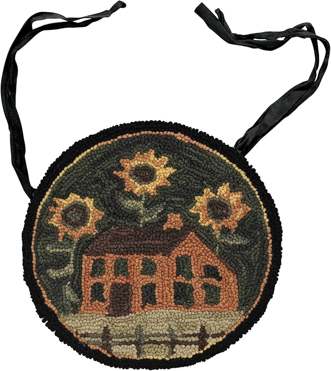 House and Sunflowers Hooked Chair Pad