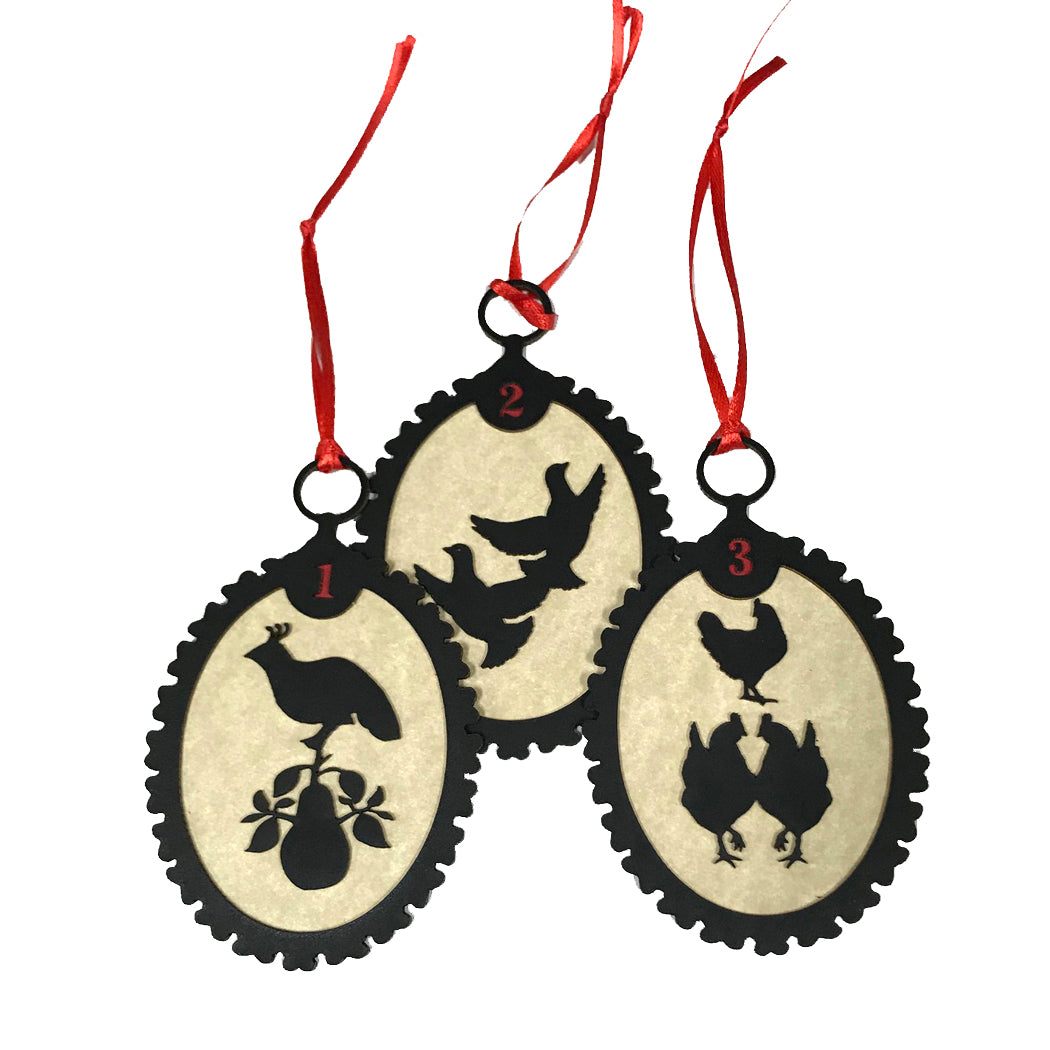 12 Days of Christmas Silhouette Ornaments with Red Ribbon