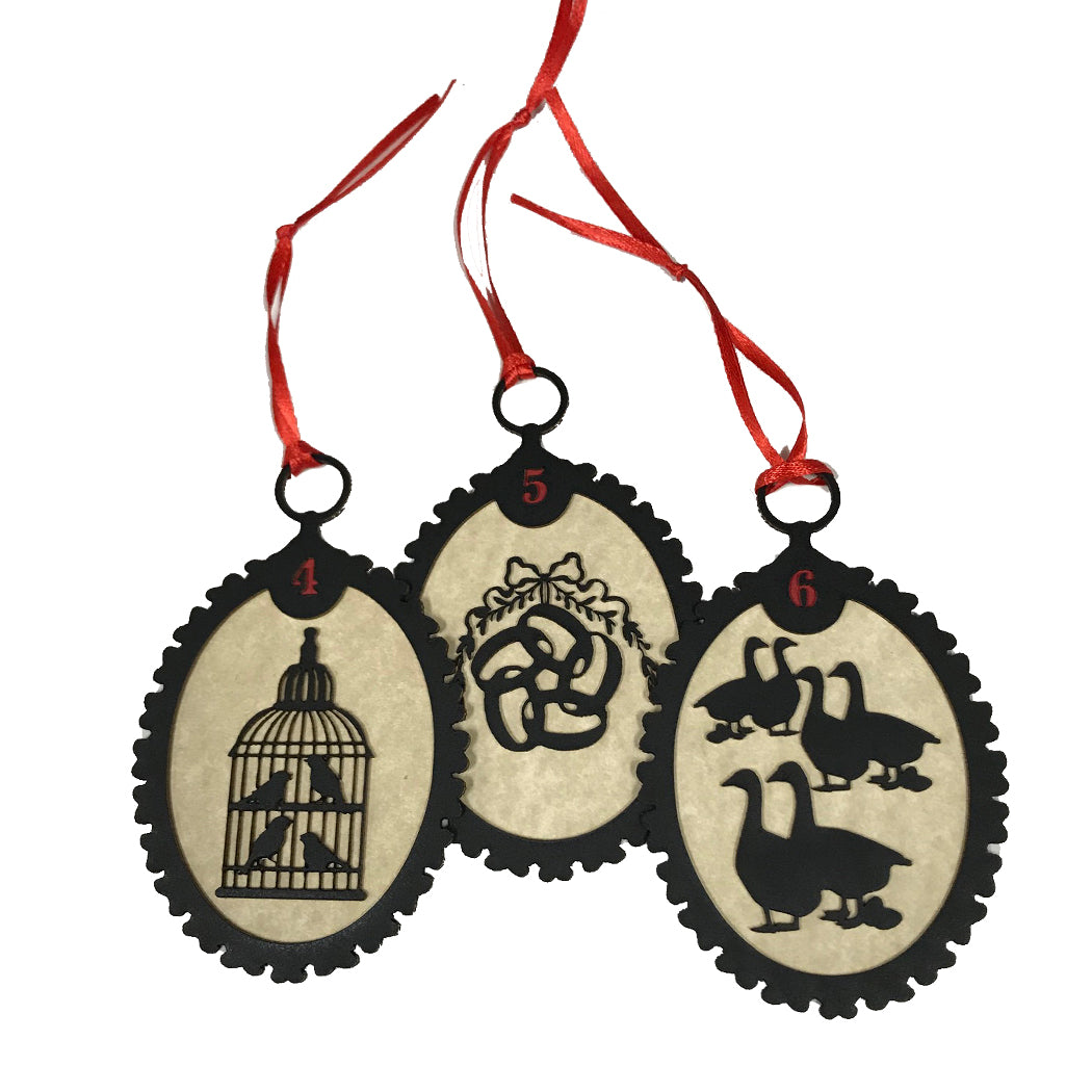 12 Days of Christmas Silhouette Ornaments with Red Ribbon