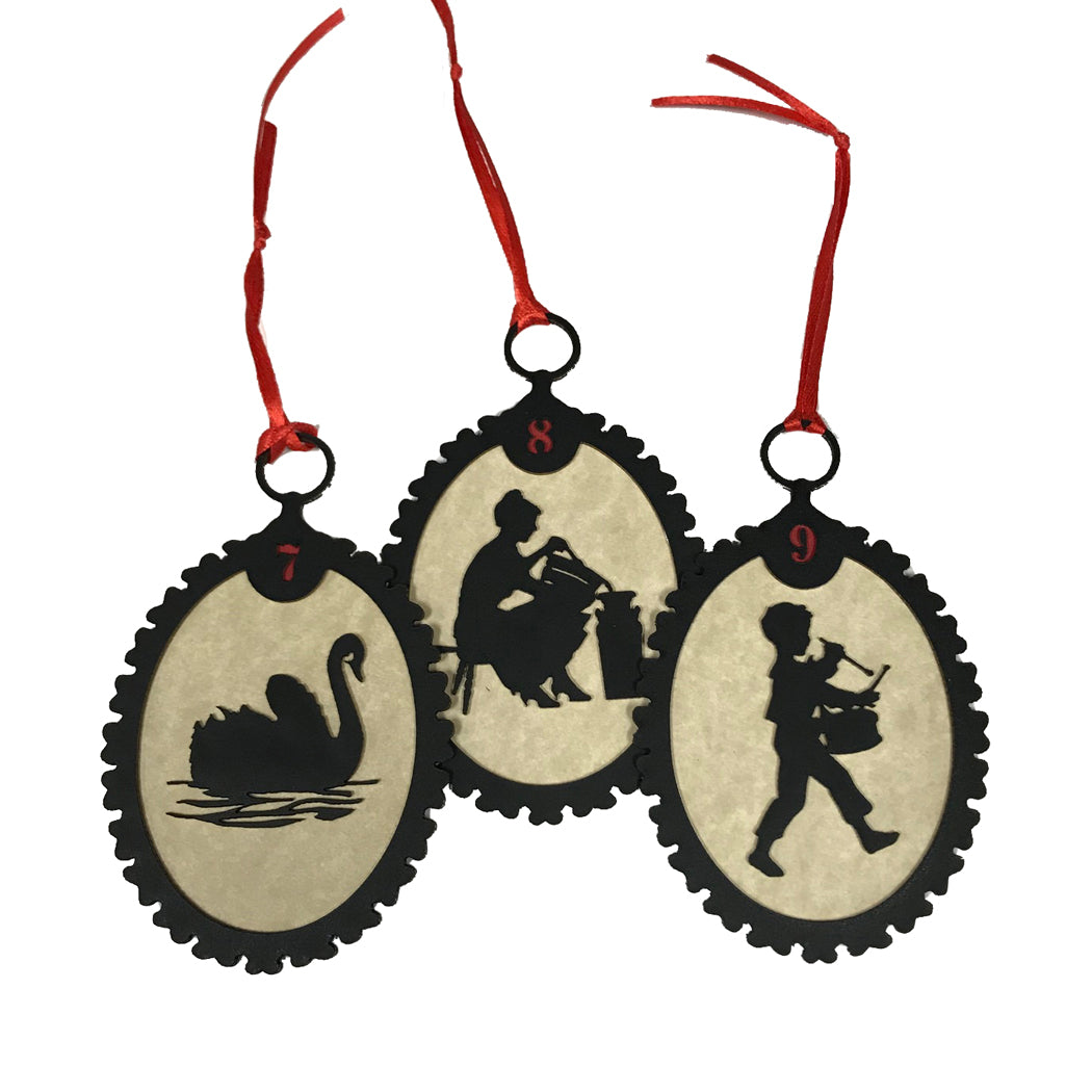 12 Days of Christmas Silhouette Ornaments with Red Ribbon