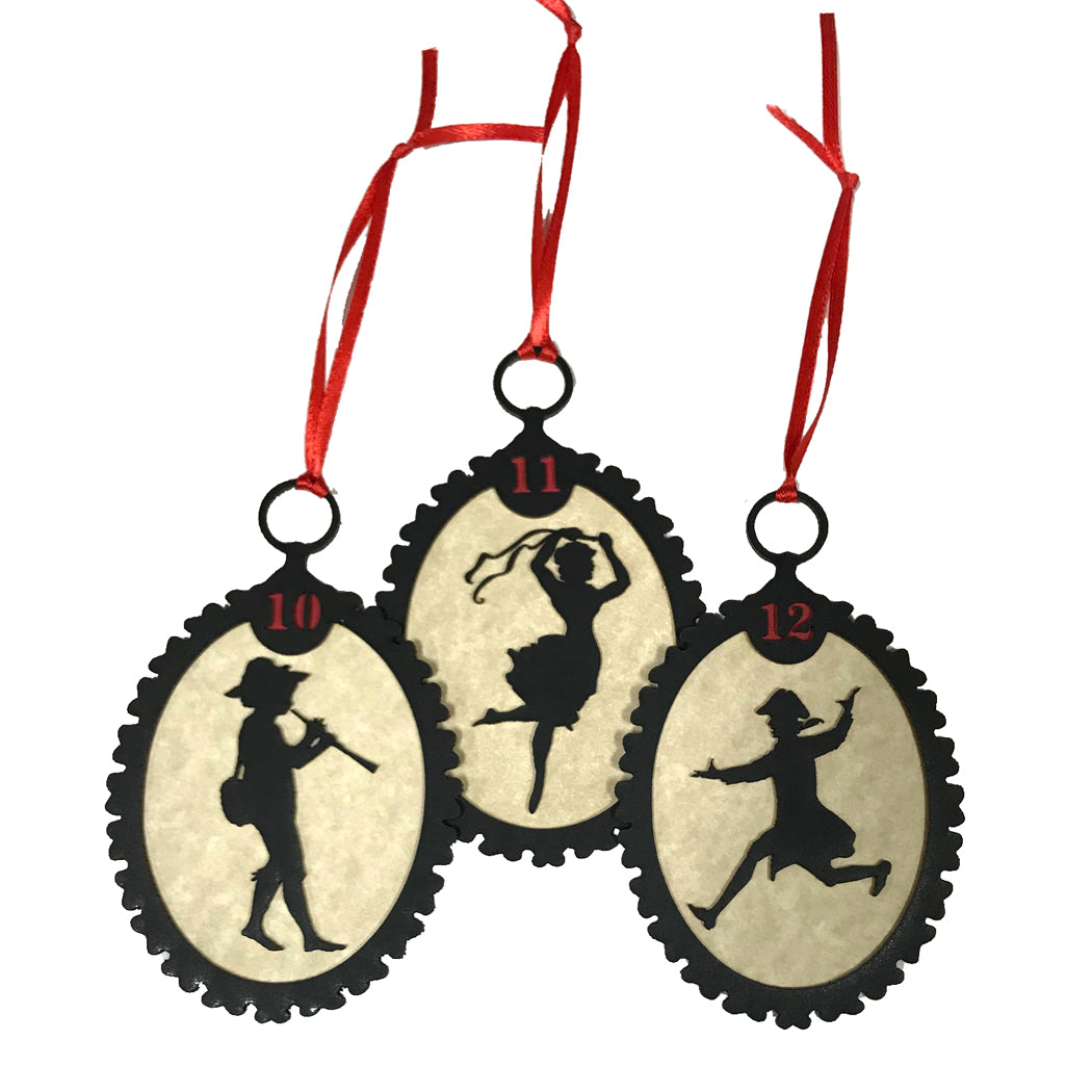 12 Days of Christmas Silhouette Ornaments with Red Ribbon