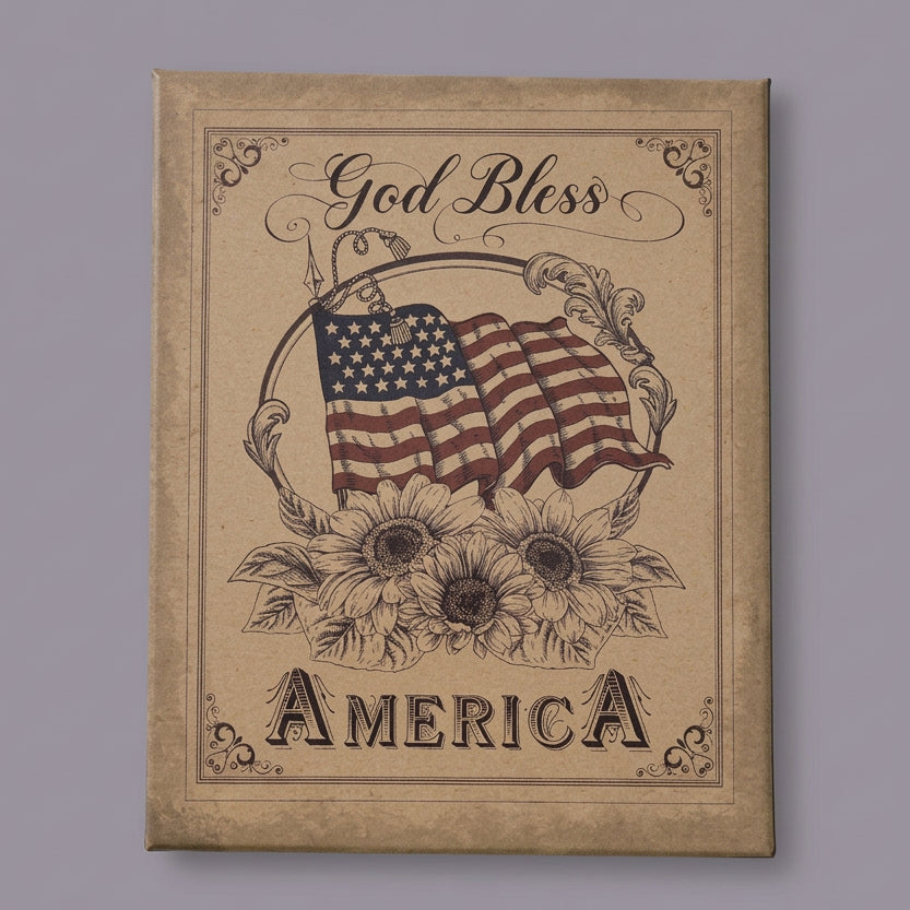 Decorative sign with American flag, flowers, and 'God Bless America' text on a wooden surface.