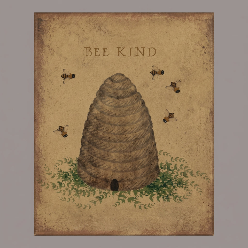 Canvas print with a beeskep surrounded by flying bees with the words "Bee Kind" above the illustration