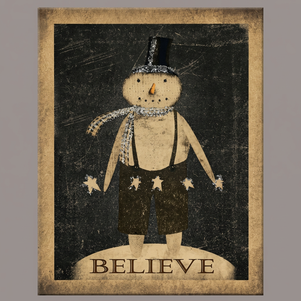 Canvas print with a snowman with a top hat and scar holding a string of stars with the word "Believe" underneath him