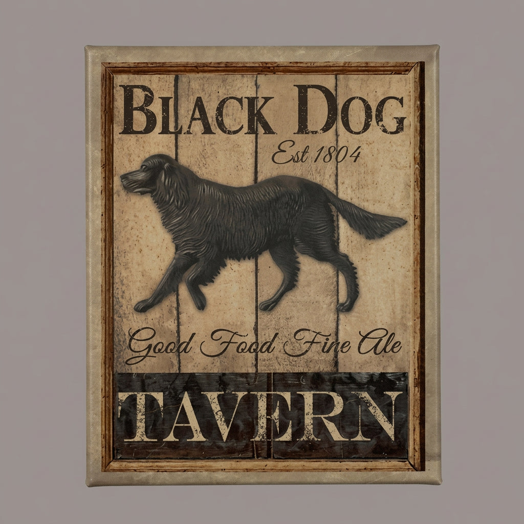 A canvas print featuring a black dog with the text 'Black Dog' and 'Good Food Fine Ale' in a vintage style font, on a wooden background.