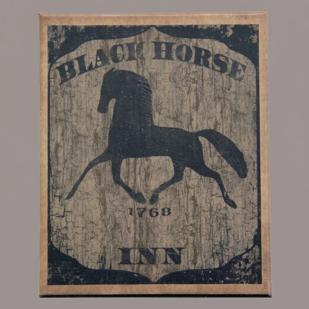 Canvas print with a prancing horse with the words "Black Horse Inn" and the date 1768